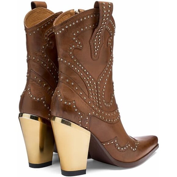 Women's Brown Leather Western Boots with Chunky Heel Stylish Sharp tip Boots - Picture 6 of 9